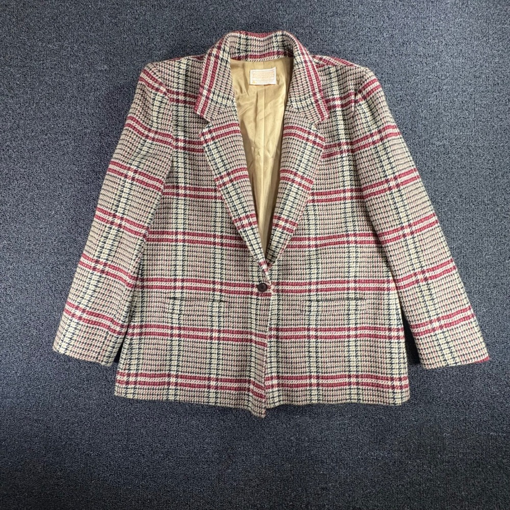 Vintage 80s Pendleton Blazer Womens 16 100% Virgin Wool Red Windowpane Plaid USA